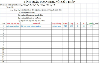 Bảng Excel tính toán đoạn neo nối thép