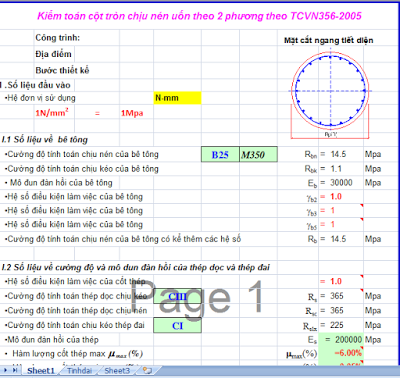 Kiểm toán cột tròn chịu nén uốn theo 2 phương theo TCVN356-2005