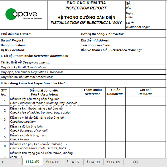 Form Checklists nghiệm thu của tư vấn APAVE