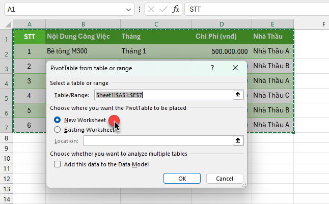 Cách sử dụng Pivot Table trong Excel - Bước 2