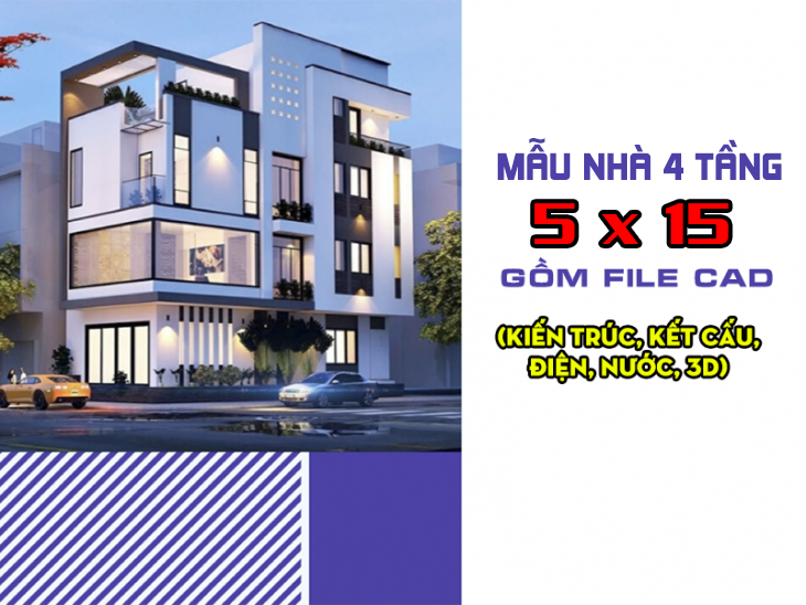 [File-Cad] – Nhà phố 5x15m – Tải miễn phí hồ sơ thiết kế nhà 1 trệt 2 lầu 5×15 75m2