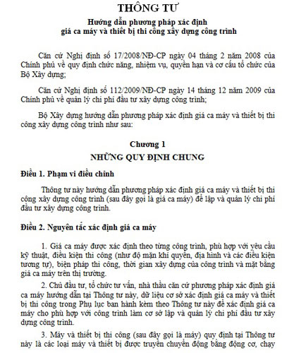 TT 06/ 2010/TT – BXD có phụ lục dữ liệu cơ sở xác định giá ca máy và thiết bị thi công