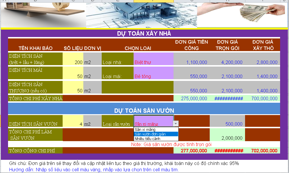 File excel dự toán sơ bộ chi phí xây dựng