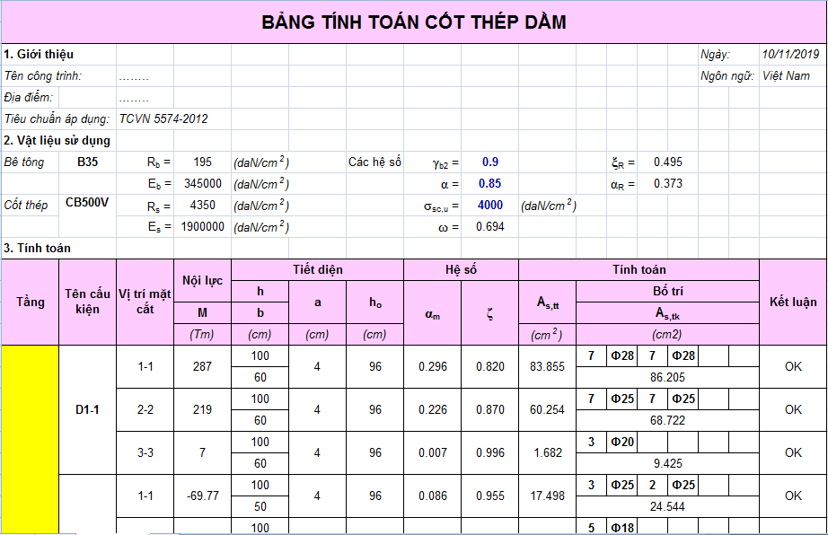 Bảng tính thép dầm theo TCVN 5574-2012 -Song ngữ anh việt