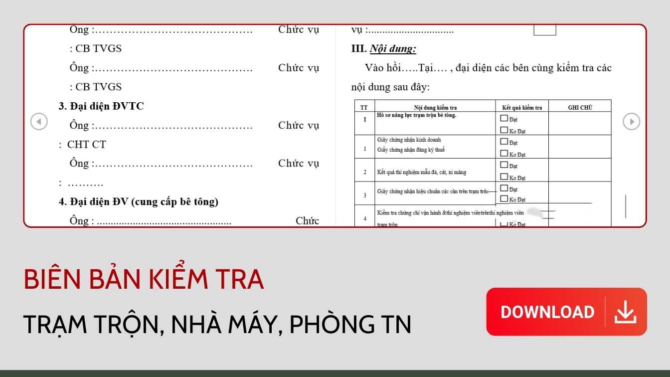 Biên bản kiểm tra trạm trộn, nhà máy, phòng thí nghiệm