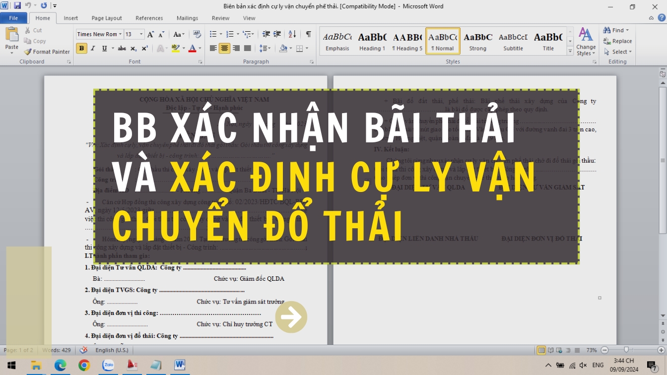 Biên bản xác nhận bãi thải và xác định cự ly vận chuyển đổ thải