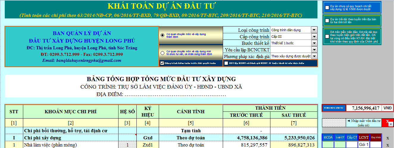 [Excel] FILE EXCEL KHÁI TOÁN DỰ ÁN CÔNG TRÌNH MỚI MỚI NHẤT