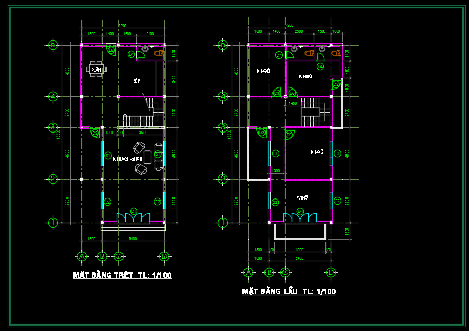 File bản vẽ nhà dân (lầu) 2 tầng với file mặt bằng. mặt cắt. mặt đứng