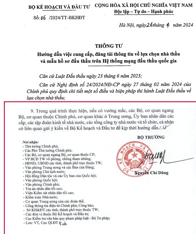 Thông tư 06/2024/TT-BKHĐT HD cung cấp, đăng tải thông tin về LCNT và mẫu hồ sơ đấu thầu theo Luật Đấu thầu 2023