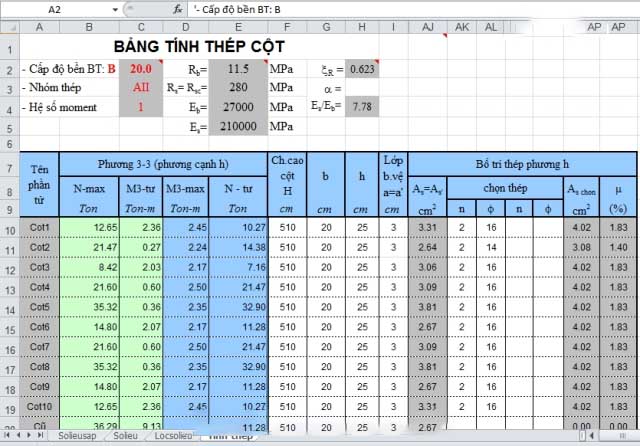 Bảng Tính thép cột 1 phương