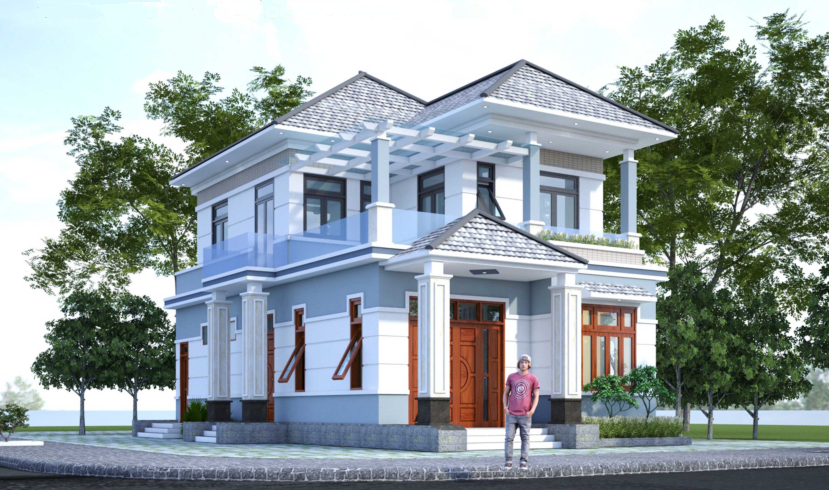 Biệt thự 2 tầng mái nhật 8×13.5m file autocad