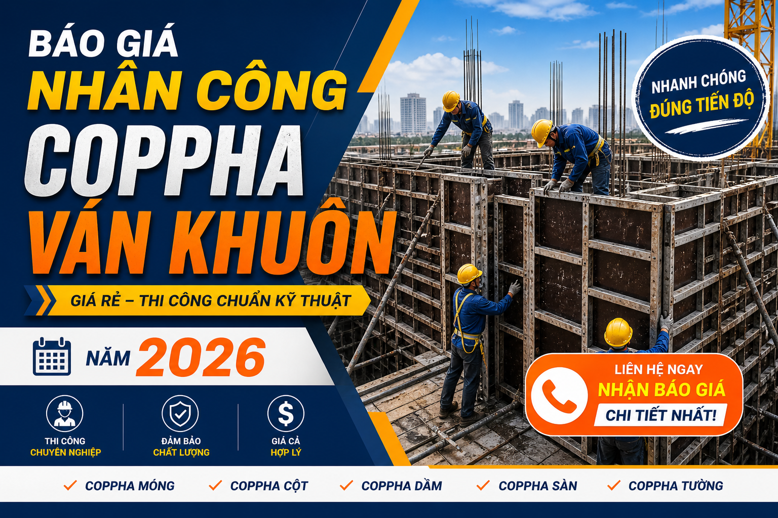 Báo giá nhân công coppha, ván khuôn năm 2026