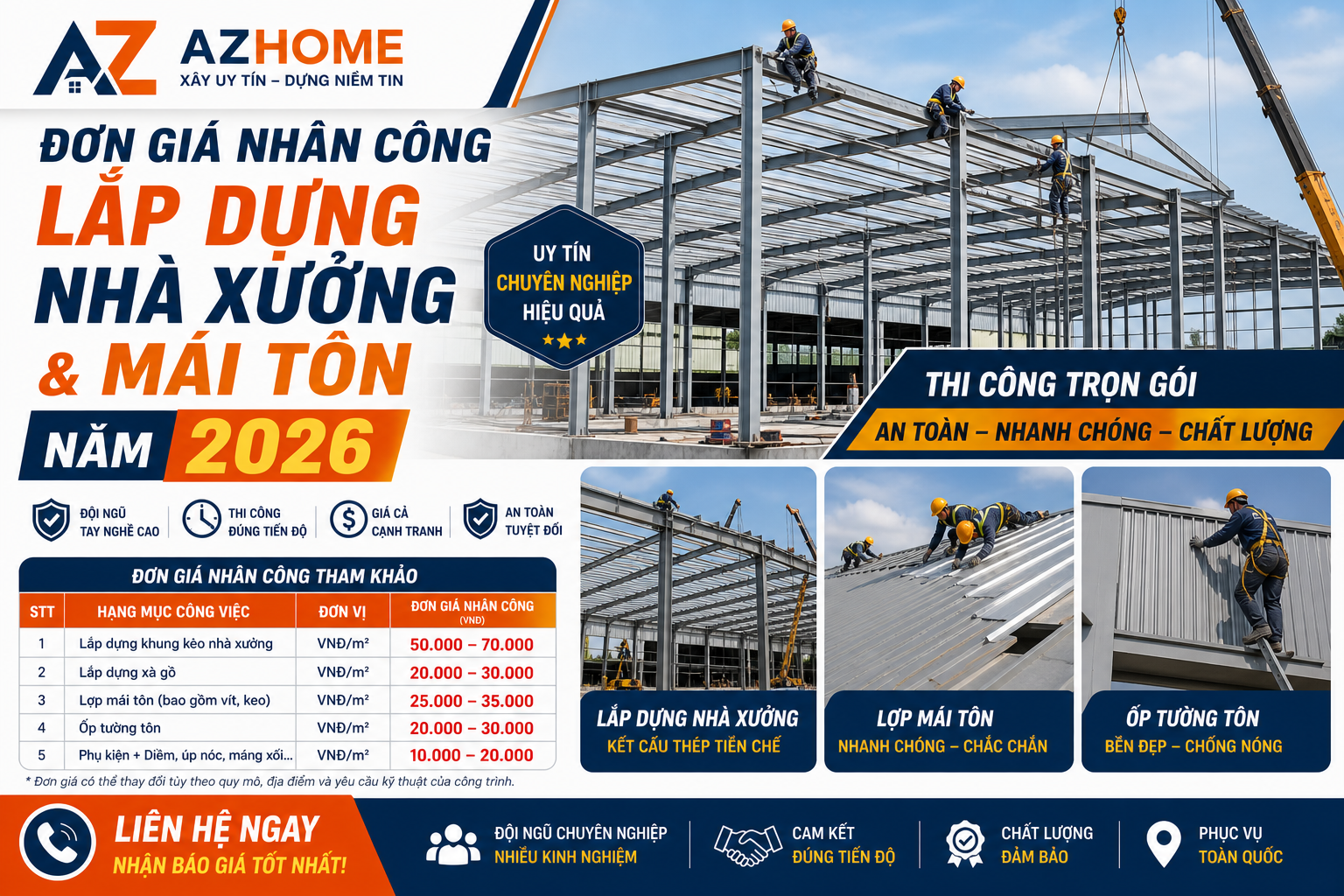 Đơn giá nhân công lắp dựng Nhà xưởng và mái tôn
