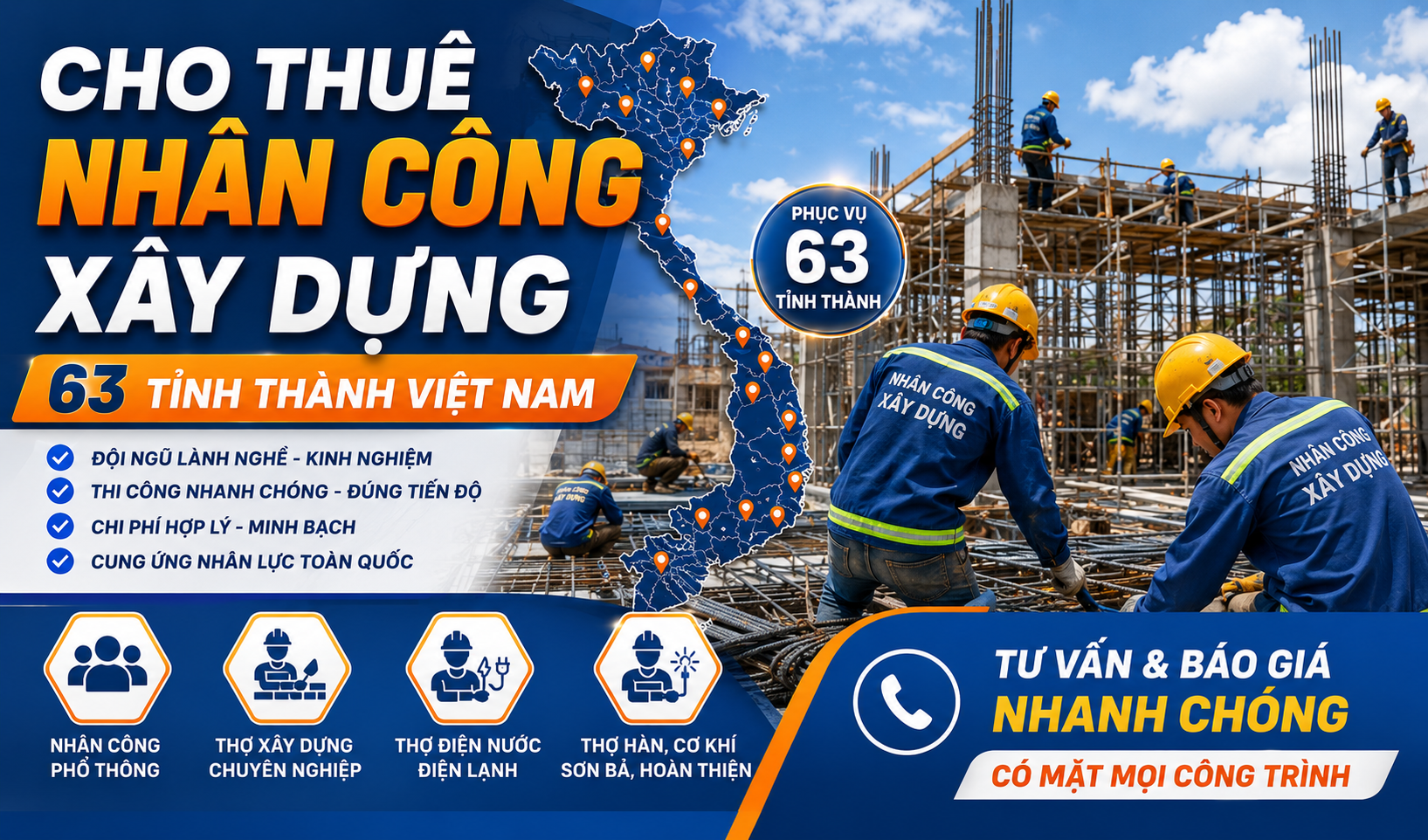 Cho thuê nhân công xây dựng 63 tỉnh thành Việt Nam
